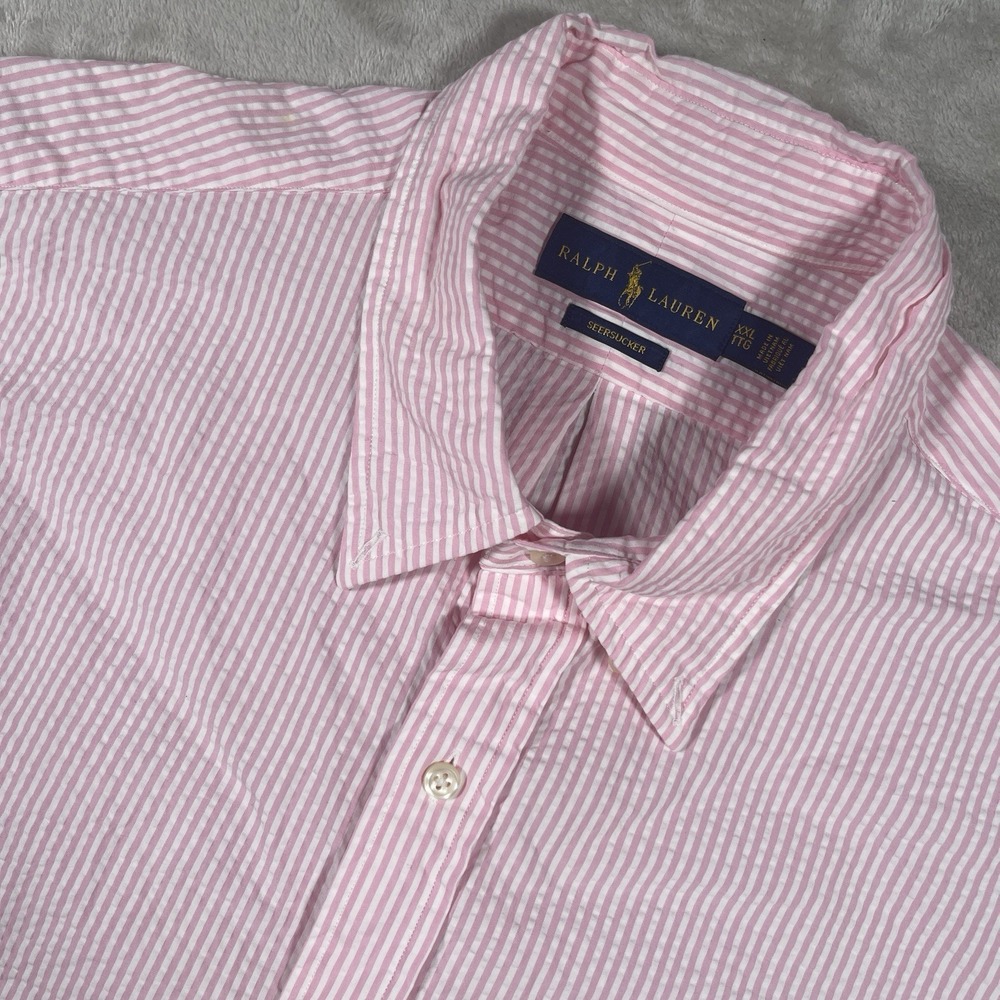 Polo Ralph Lauren Seersucker Pink Stripe Button Down Short Sleeve Men's XXL‎